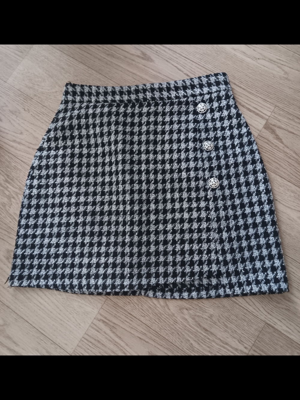 Zenith Houndstooth Mini Skirt Women’s Size M Black White Tweed Button Detail - Picture 2 of 6